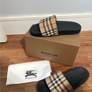Burberry Black Slide Sandals with Beige Vintage Check Strap
